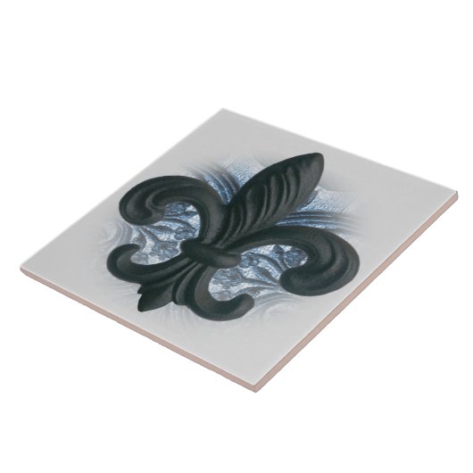 "Silber-/Marine" Eisen-Lilie GROSSES TILE/TRIVET Fliese (Seite)