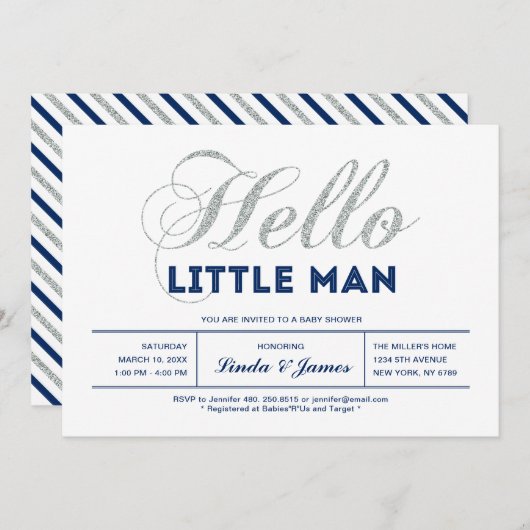 Silber, Marine | Moderne Typografie Kinderdusche Einladung (Vorne/Hinten)