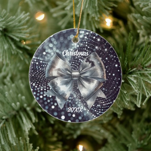 Silber Metallic Bow Luminous Year Akzent Keramik Ornament (Baum)