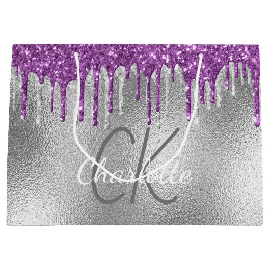 Silber Monogramm Name modern lila Große Geschenktüte (Vorderseite)