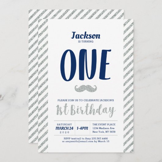 Silber, Mustache | Junge 1. Geburtstag Einladung (Vorne/Hinten)