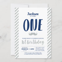 Silber, Mustache | Junge 1. Geburtstag Einladung