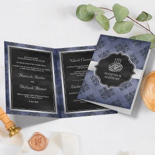 Silber Navy Blau Schwarz Damast Muslimische Hochze Einladung