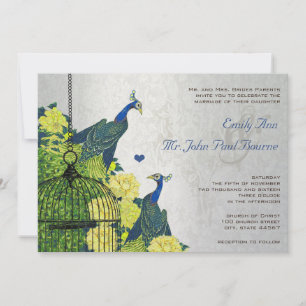 Silber Navy Gelb Vintage Pfau Vogelkäfig Einladung