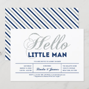 Silber, Navy   Moderne Typografie Jungen-Baby-Part Einladung