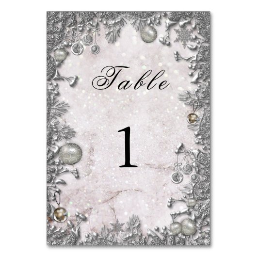 Silber Ornamente funkelnd Schnee Winterhochzeit Tischnummer (Rückseite)