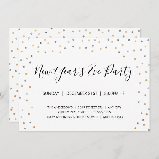 Silber + Party des Goldconfetti-Sylvesterabends Einladung (Vorne/Hinten)