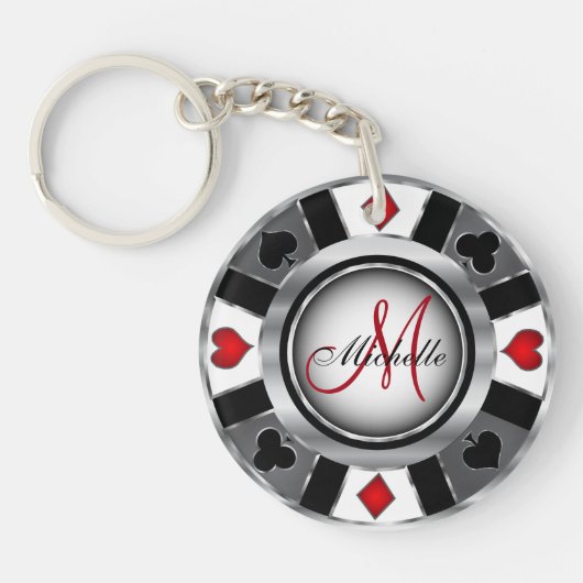 Silber-Pokerchip-Design - Monogramm Schlüsselanhänger (Vorderseite)