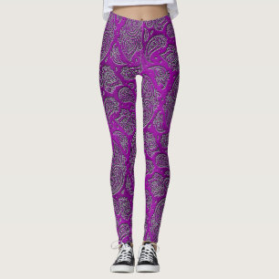 Silber prägeartiges Paisley-Muster auf lila Glas Leggings