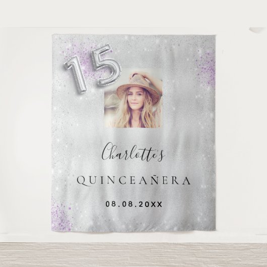 Silber-Quinceanera-lila Foto Glitzer Empfang Wandteppich (Vorderseite)