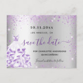 Silber-Quinceanera-lila Glitzern Save the Date Ankündigungspostkarte (Vorderseite)