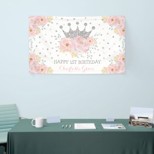Silber Rosa Blumenkronprinzessin Geburtstag Banner (Messeveranstaltung)