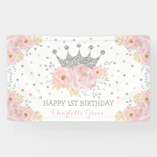 Silber Rosa Blumenkronprinzessin Geburtstag Banner (Horizontal)