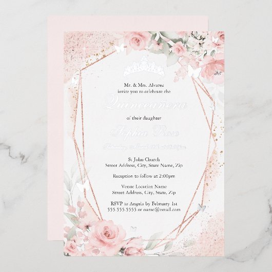 Silber Rosa Blush Butterfly Blumenkohl Folieneinladung (Vorderseite/Rückseite)