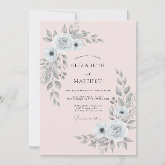 Silber-Rosa-Eukalyptus-Hochzeit Einladung (Vorderseite)