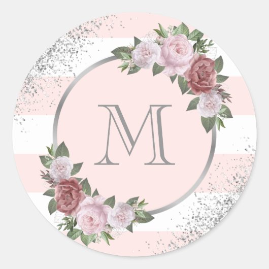Silber Rosa Floral Monogramm Runder Aufkleber (Vorderseite)