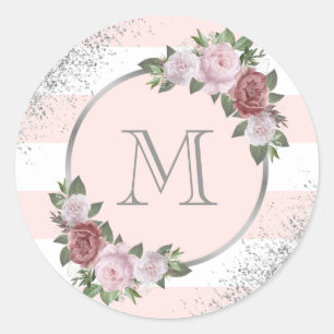Silber-Rosa Florales Monogramm Runder Aufkleber