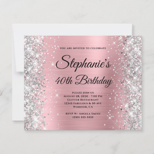 Silber-Rosa Glam Monogramm 40. Geburtstag (Vorderseite)