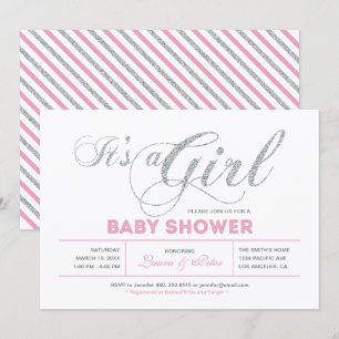 Silber & Rosa   Mädchen, Chic-Typografie-Baby-Part Einladung