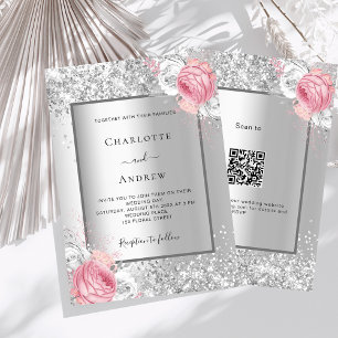 Silber rosa weiß floral QR Code RSVP Hochzeit Einladung