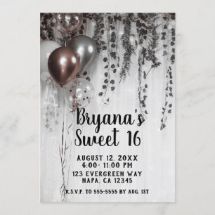 Silber & Roségold Rosa Ballons Efeu Sweet 16 Einladung