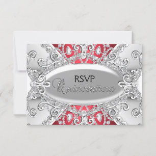 Silber & Rot Diamant Damast Quinceanera RSVP Karte