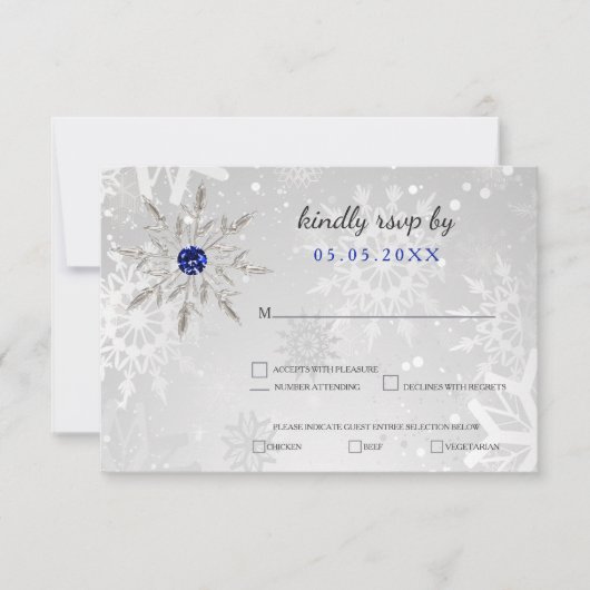 Silber Royal Blue Schneeflocken Winterhochzeit uAw RSVP Karte (Vorderseite)