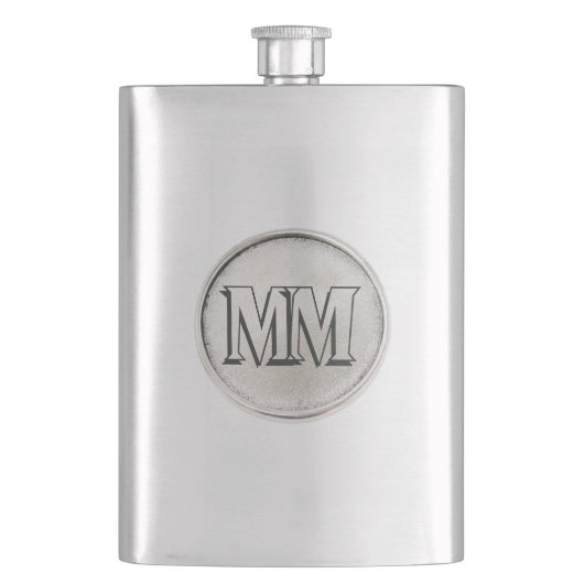 Silber rund mit Monogramm - Premium Flasche Flachmann (Vorderseite)