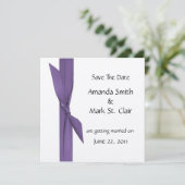 Silber Save the Date mit Lila Ribbon (Stehend Vorderseite)