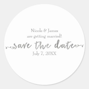 Silber Save the Date Schrift individuell anpassbar Runder Aufkleber
