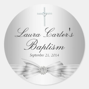 Silber-Schleife- und Kreuz-Taufaufkleber Runder Aufkleber