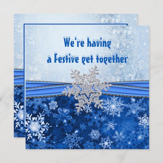 Silber-Schneeflocke auf blaue Neujahrsparty Einladung (Vorne/Hinten)