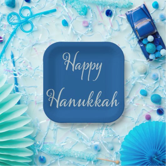Silber Schrift Happy Chanukka Tekhelet Blau Pappteller (Party)