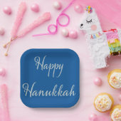 Silber Schrift Happy Chanukka Tekhelet Blau Pappteller (Party)