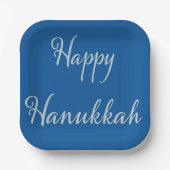 Silber Schrift Happy Chanukka Tekhelet Blau Pappteller (Vorderseite)