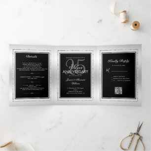 Silber & Schwarz 25. Hochzeitstag QR-Code Dreifach Gefaltete Ankündigung