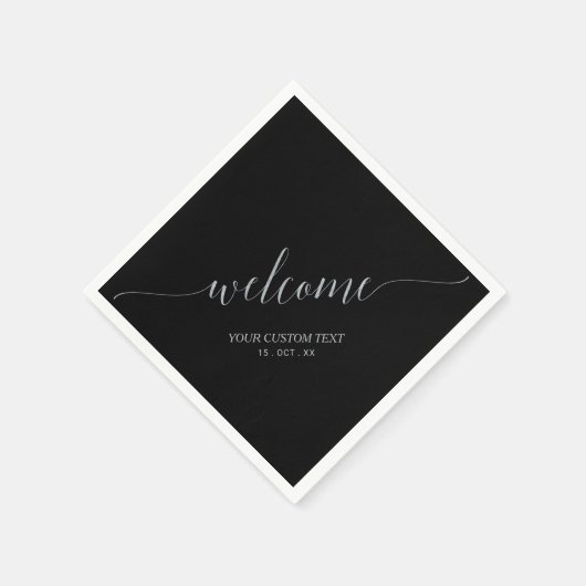 Silber & Schwarz Elegantes Skript Willkommensparty Serviette (Ecke)