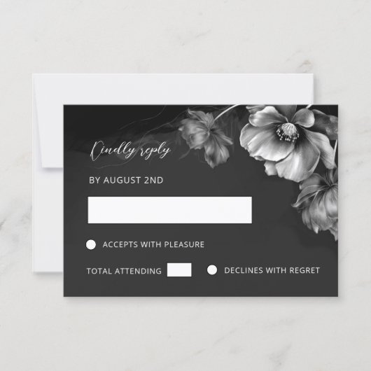 Silber Schwarz Floral RSVP Karte (Vorderseite)