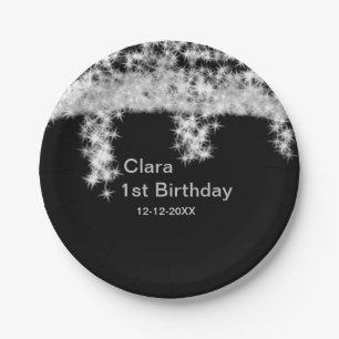 Silber schwarz glitzer name geburtstag datum jahr pappteller