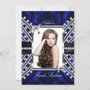 Silber Schwarz Navy Juwel & Damast Foto Sweet 16 Einladung