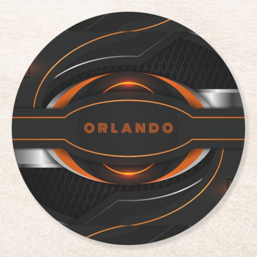Silber, Schwarz, Orange, geometrische Gaming-Monog Runder Pappuntersetzer (Vorderseite)