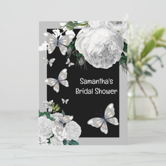 Silber-Schwarz-Weiß-Rose Brautparty Einladung (Stehend Vorderseite)