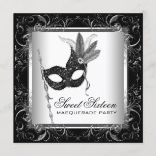 Silber-Schwarz-Weiß-Süßigkeiten 16-Maskenball-Part Einladung