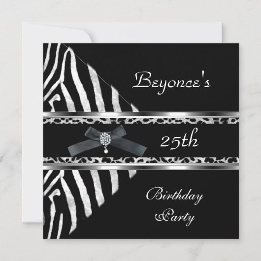 Silber Schwarz Zebra Leopard Einladung 25. Geburts (Vorderseite)
