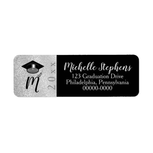 Silber | Schwarze Imitate Glitzer Grad Cap Jahr Mo (Vorne)