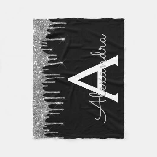 Silber-Schwarze Luxus-Glitter-Glam-Monogramm-Name Fleecedecke (Vorderseite)