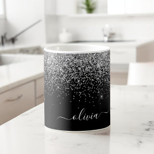 Silber Schwarzes Mädchen Glitter Funkel Monogramm  Kaffeetasse