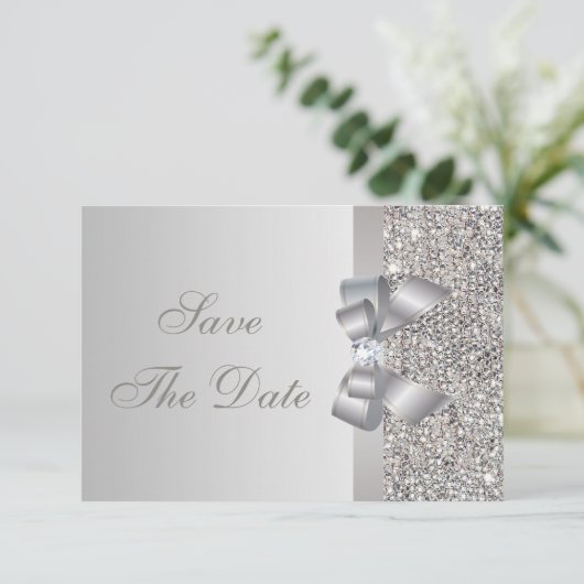 Silber-Sequenzen, Bow & Diamond Save the Date (Stehend Vorderseite)
