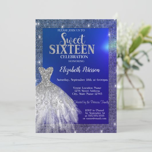 Silber Sequins, Dress Blue Sweet 16 Einladung (Stehend Vorderseite)