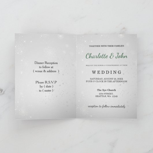 Silber Smaragdgrün Schneeflocke Hochzeit Einladung (Innenseite)